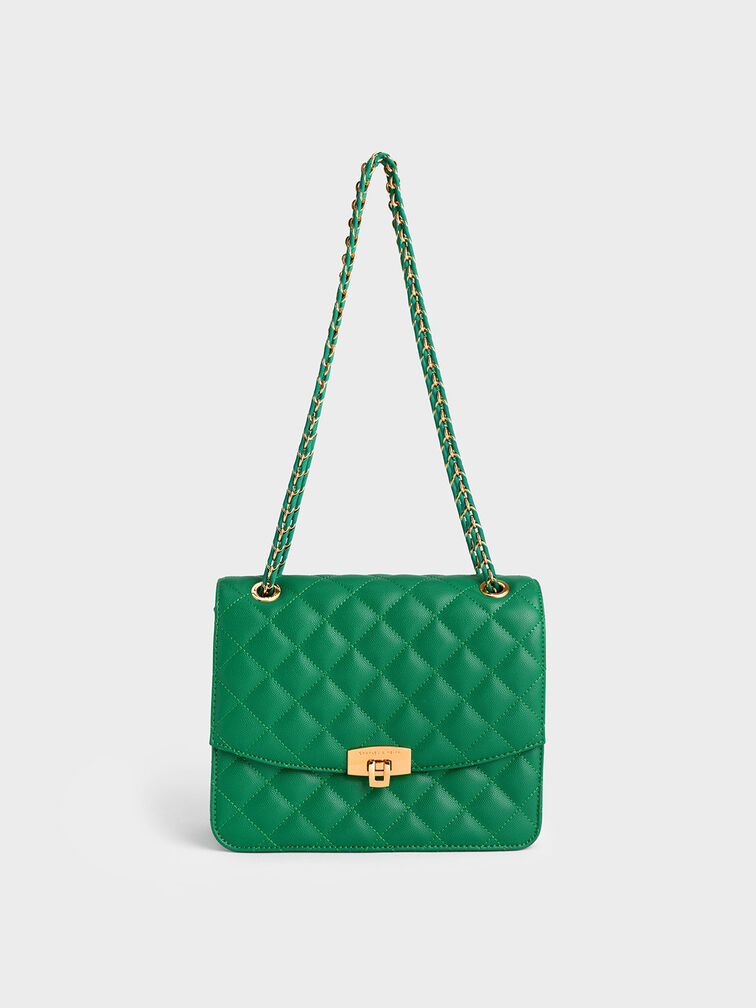Quilted Chain Strap Clutch, Green, hi-res