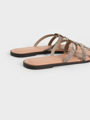 Ring Detail Snake Print Strappy Flats, Animal Print Natural, hi-res