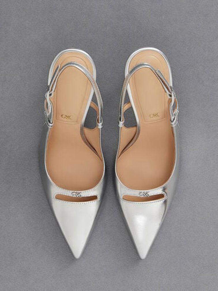 Metallic Leather Pointed-Toe Slingback Pumps, Silver, hi-res