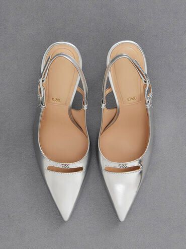 Metallic Leather Pointed-Toe Slingback Pumps, Silver, hi-res
