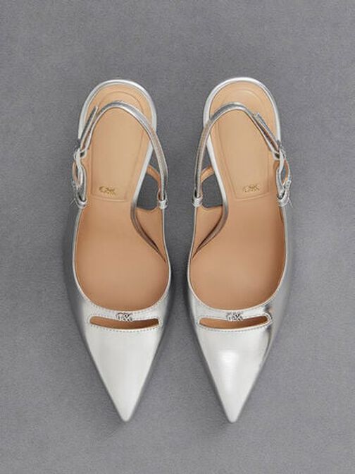Metallic Leather Pointed-Toe Slingback Pumps, Silver, hi-res