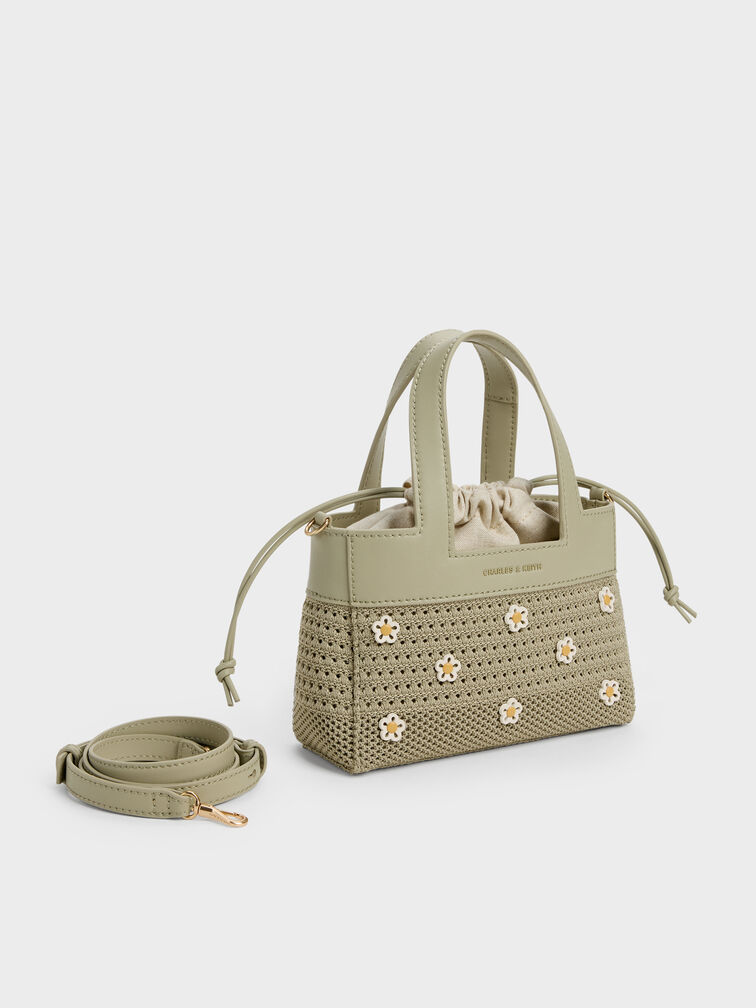 Girls' Ida Flower Knitted Mini Bag, Pale Olive, hi-res