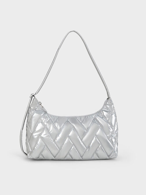 Nylon Chevron Shoulder Bag, Silver, hi-res