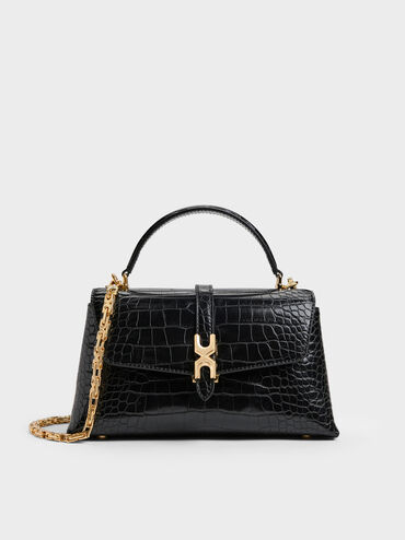 Adalyn Croc-Effect Metallic-Buckle Chain-Strap Top Handle Bag, Black Croco, hi-res