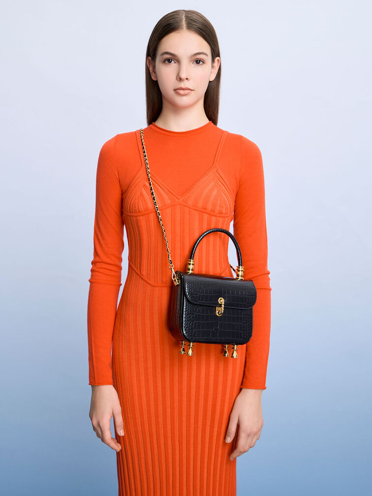 Meriah Croc-Embossed Top Handle Bag, Black, hi-res