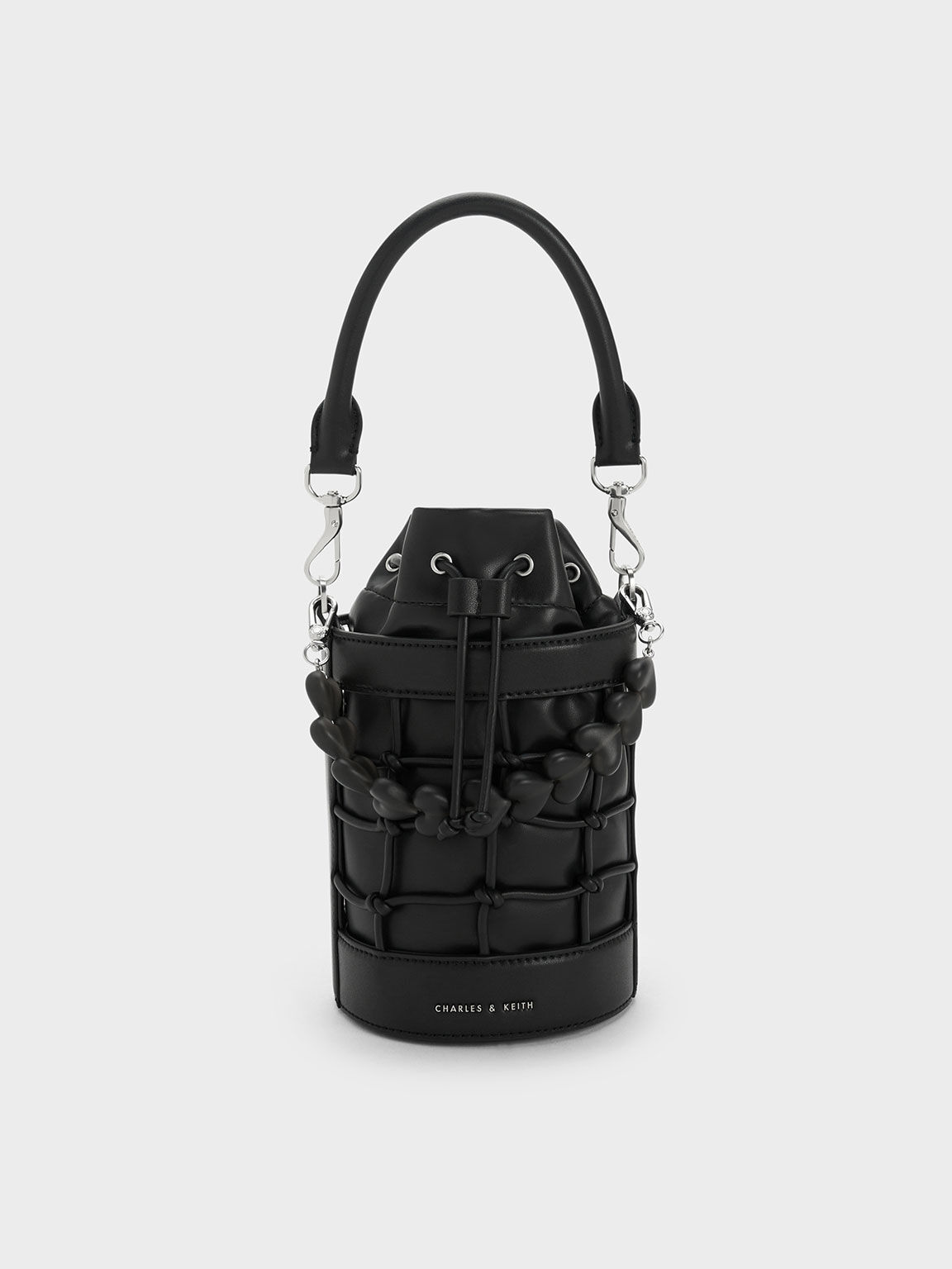 Heart Motif Caged Bucket Bag, Black, hi-res