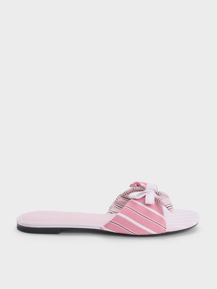 Striped Knot-Bow Slide Sandals, Light Pink, hi-res