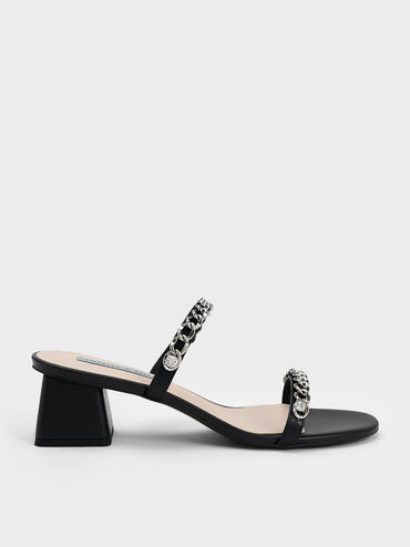 Chain-Link Block Heel Sandals, Black, hi-res