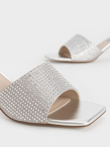 Satin Crystal-Embellished Heeled Mules, Silver, hi-res