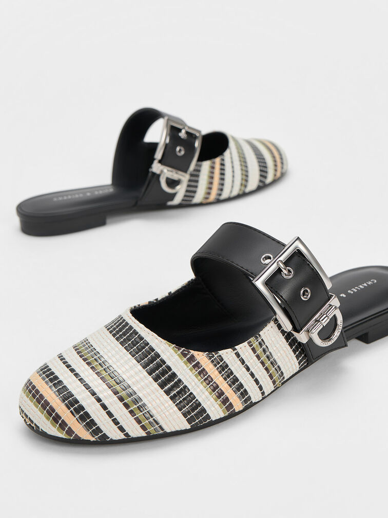 Buckled Striped Flat Mules, Multi, hi-res