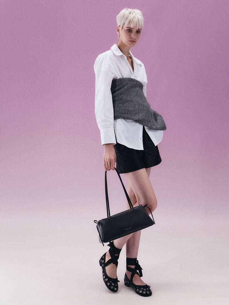 Hazel Bow Elongated Trapeze Shoulder Bag, Noir, hi-res