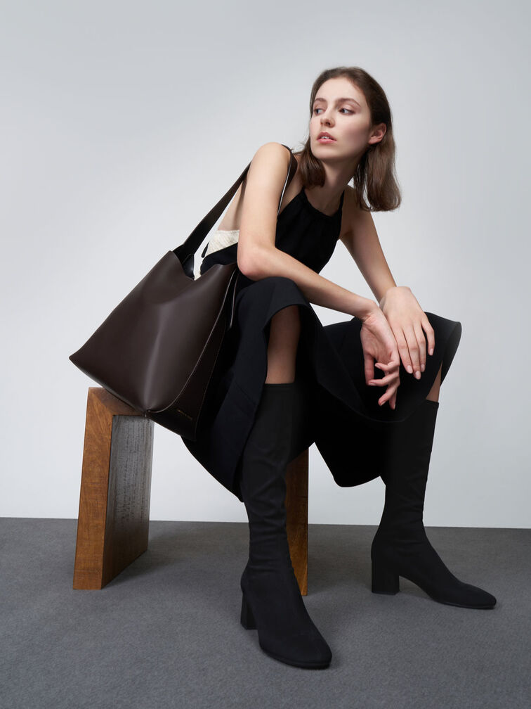 Textured Block Heel Knee Boots, Black Textured, hi-res