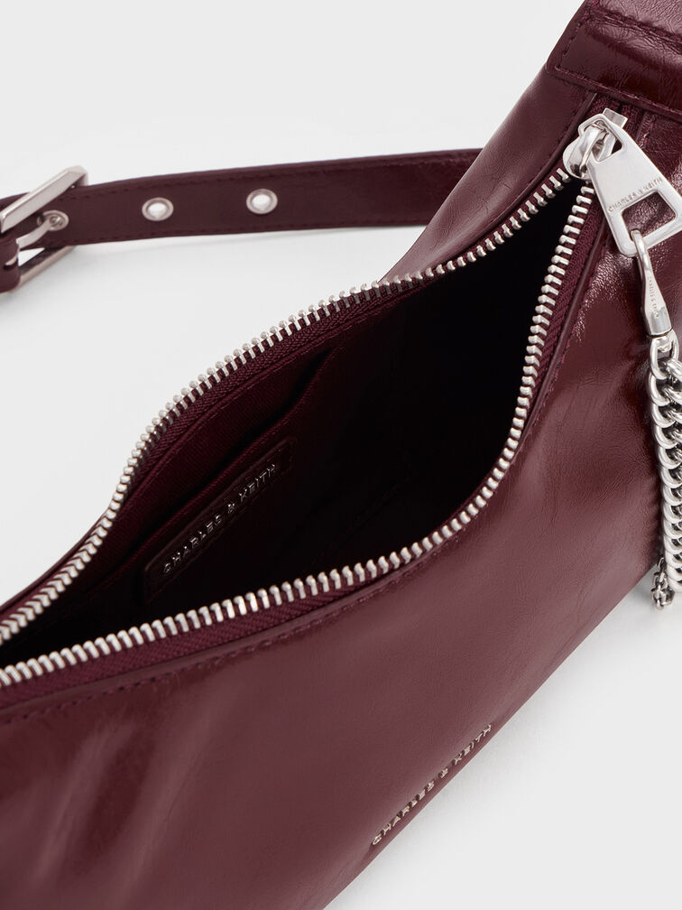 Atwood Crinkle-Effect Chain-Embellished Hobo Bag, Burgundy, hi-res