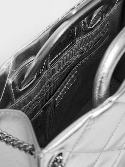 Apfra Metallic Quilted Chain-Handle Bag, Silver, hi-res