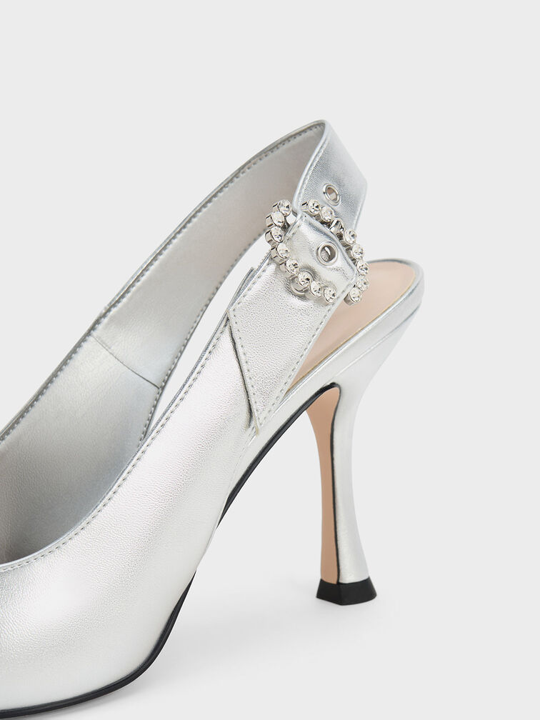 Embellished Metallic Slingback Pumps, Silver, hi-res