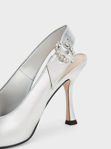 Embellished Metallic Slingback Pumps, Silver, hi-res