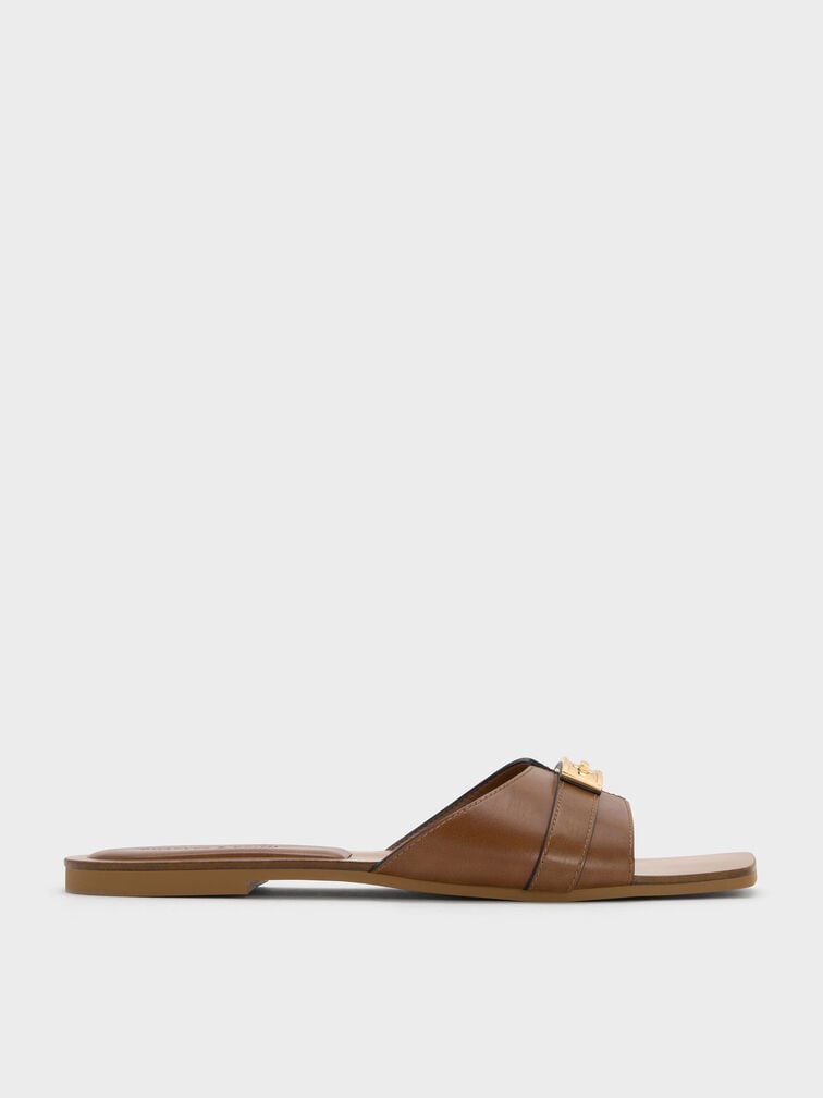Lando Metallic-Accent Belted Slide Sandals, Cognac, hi-res
