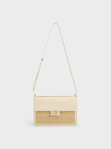 Leather & Raffia Shoulder Bag, Beige, hi-res