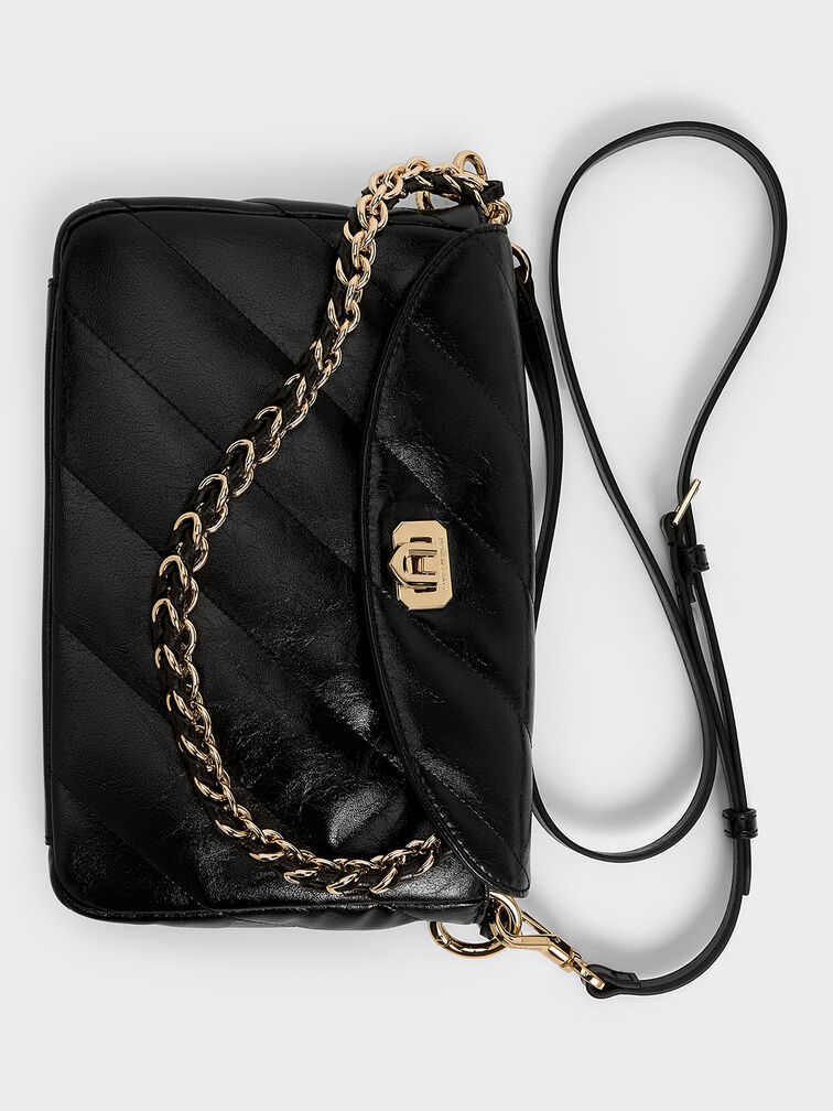 Fawn Panelled Front Flap Chain-Handle Bag, Black, hi-res