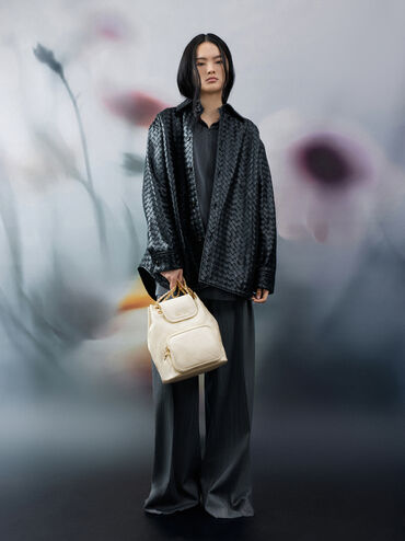 Apfra Quilted Front-Flap Bucket Bag, Cream, hi-res