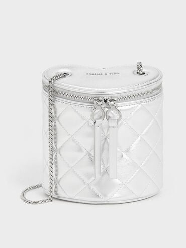 Philomena Metallic Quilted Heart Cylindrical Bag, Silver, hi-res