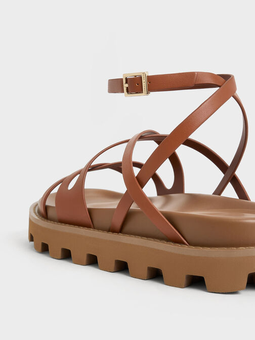 Crossover Ankle-Strap Sandals, Cognac, hi-res