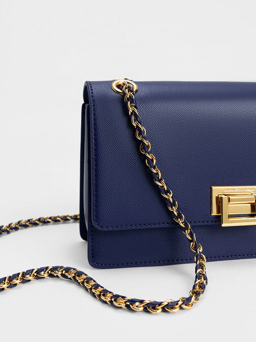 Metallic Accent Front Flap Bag, Navy, hi-res