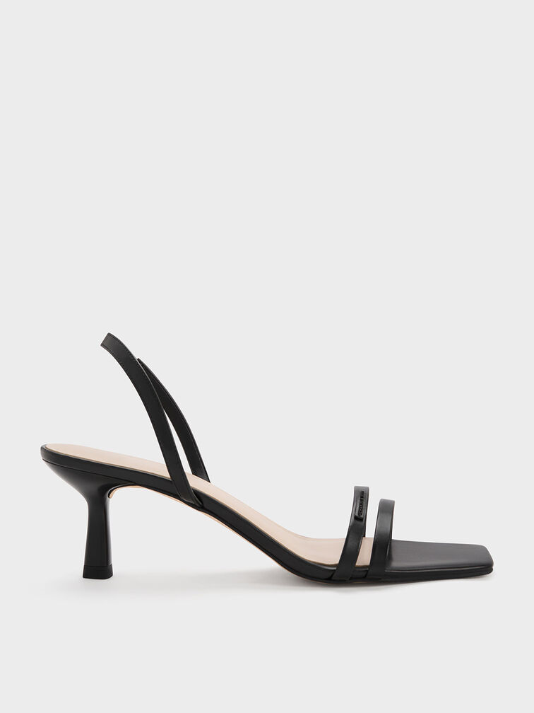 Double Strap Slingback Heeled Sandals, Black, hi-res