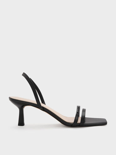 Double Strap Slingback Heeled Sandals, Black, hi-res