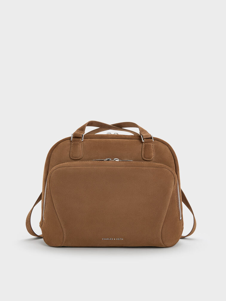 Nelly Recycled Suede Front-Pocket Boxy Backpack, Mocha Brown, hi-res