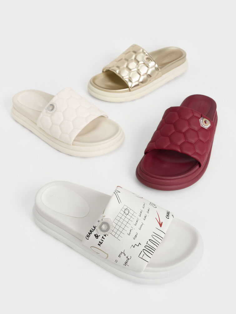Metallic Textured Flatform Sliders, Gold, hi-res