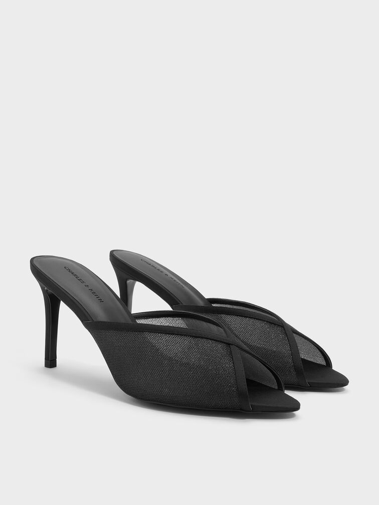 Glittered Mesh Peep-Toe Heeled Mules, Black Textured, hi-res