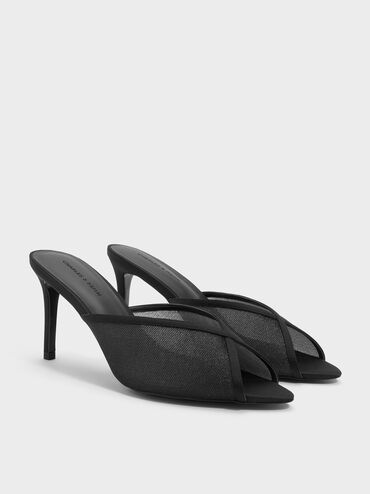 Glittered Mesh Peep-Toe Heeled Mules, Black Textured, hi-res