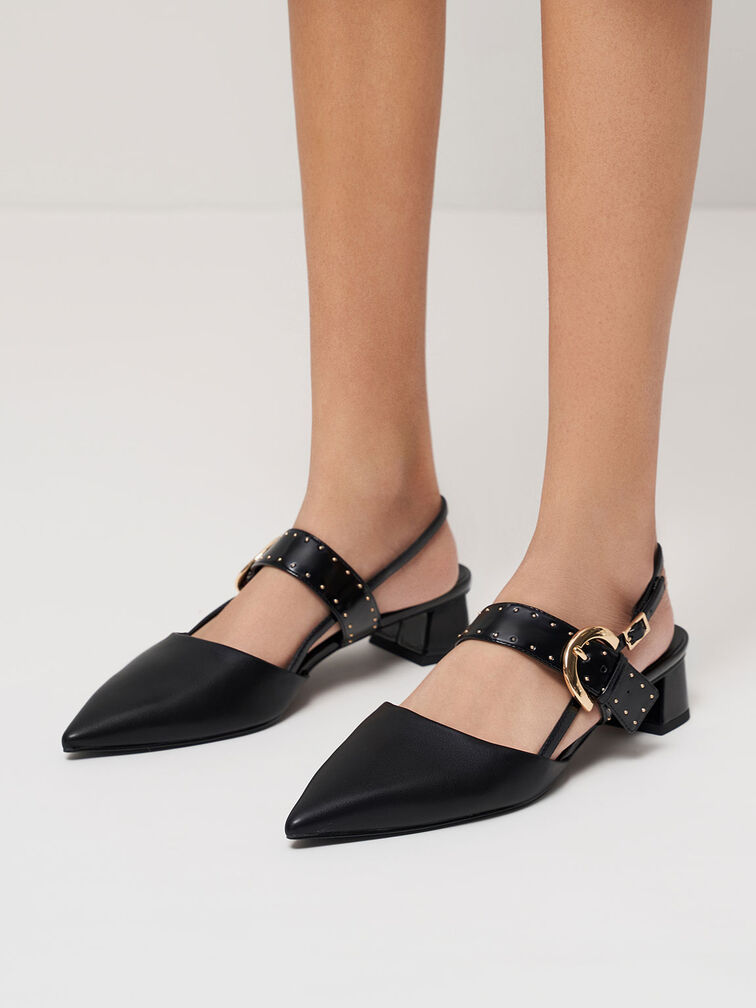 Studded Buckled Slingback Pumps, Black, hi-res