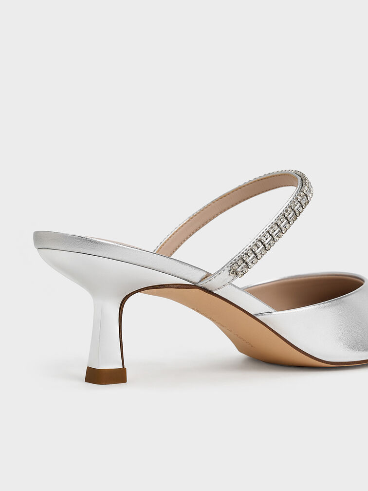 Ambrosia Metallic Gem-Embellished Pointed-Toe Mules, Silver, hi-res
