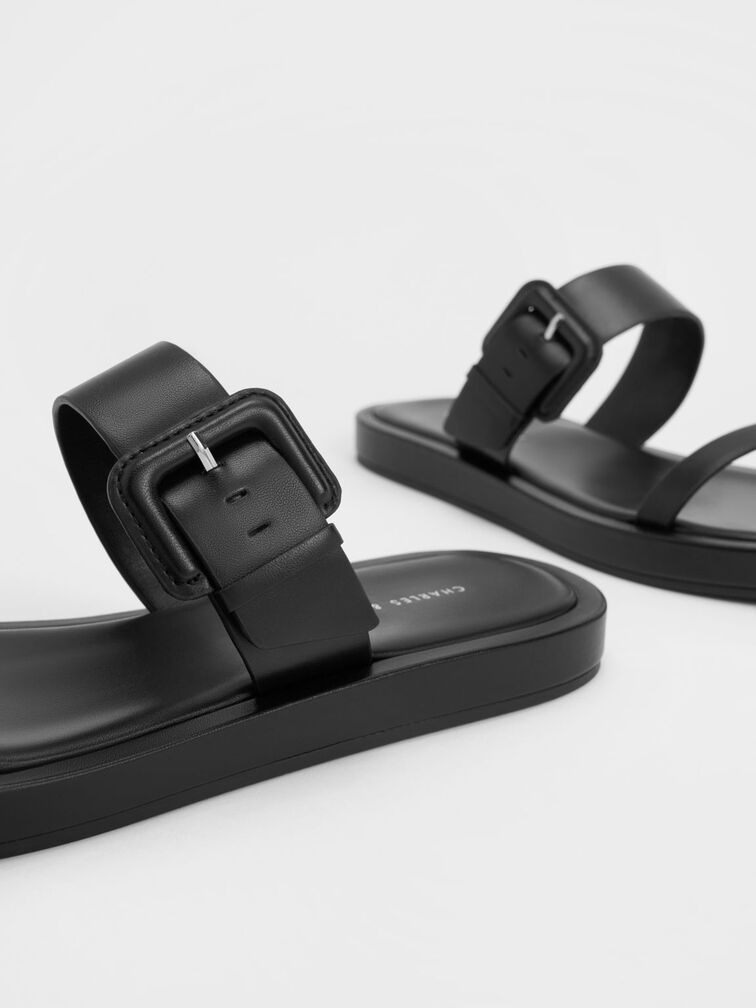 Buckled Strap Slides, Black, hi-res