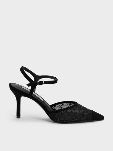 Beaded Mesh Ankle Strap Pumps, Black, hi-res