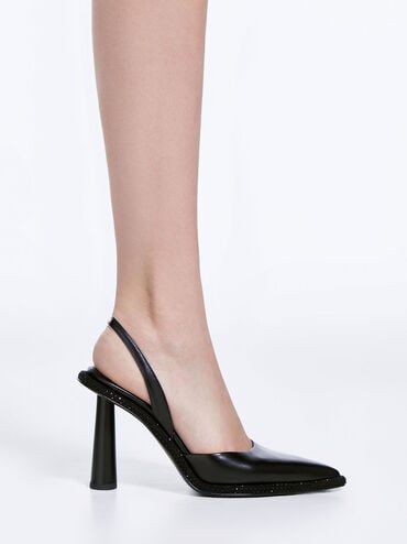 Crystal-Embellished Pointed-Toe Slingback Pumps, Black, hi-res