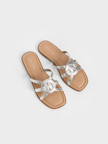 Ring Detail Strappy Flats, Silver, hi-res