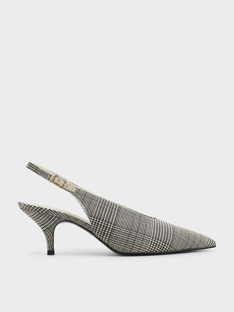 Check-Print Pointed Toe Slingback Court Shoes, Light Grey, hi-res