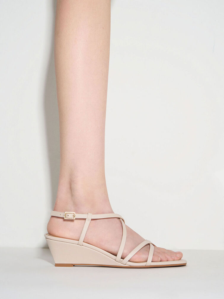 Patent Strappy Wedge Sandals, Cream, hi-res