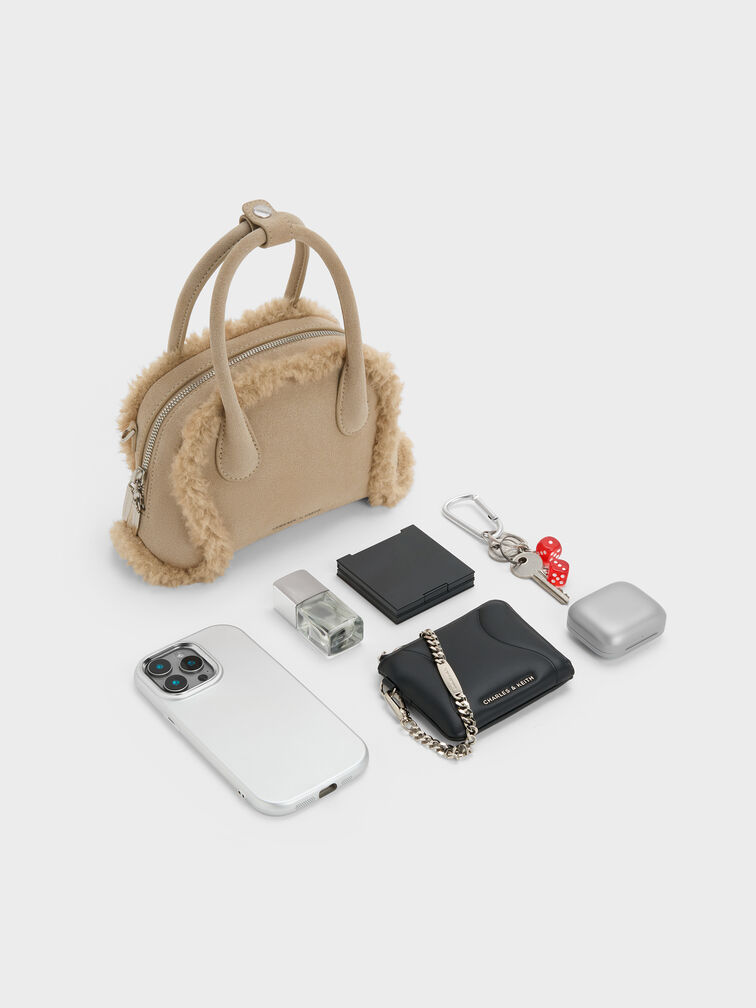 Nelly Recycled Suede & Faux Shearling Bowling Bag, Nutmeg Beige, hi-res