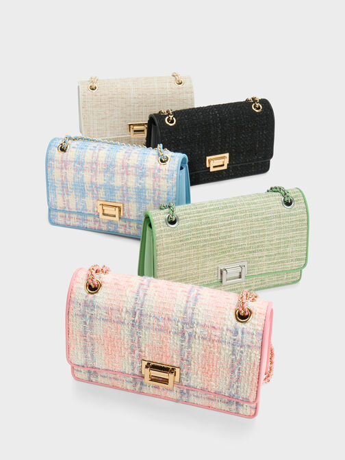 Metallic Push-Lock Tweed Bag, White, hi-res
