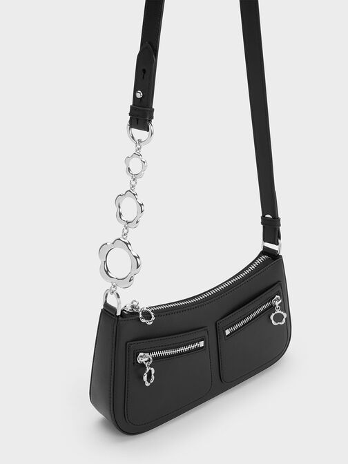 Flower-Embellished Shoulder Bag, Black, hi-res
