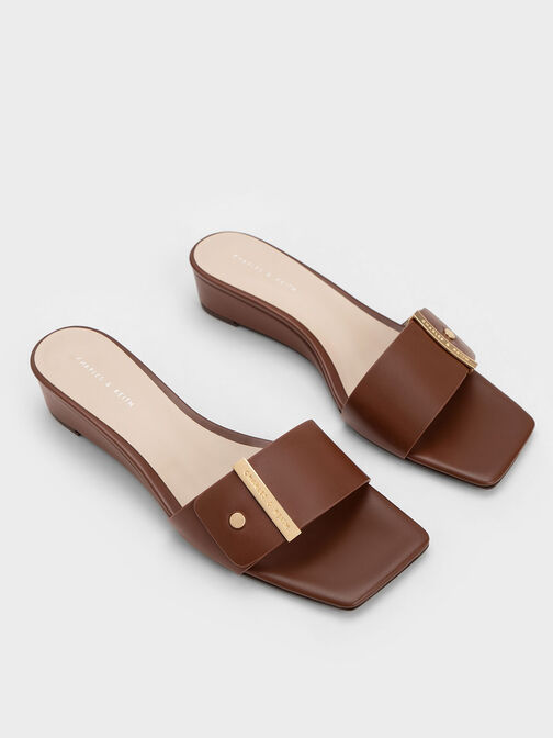 Metallic Accent Square-Toe Wedges, Cognac, hi-res