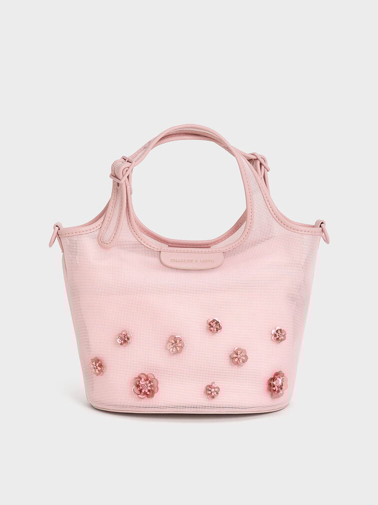 Mesh Sequin-Flower Tote Bag, Blossom Pink, hi-res