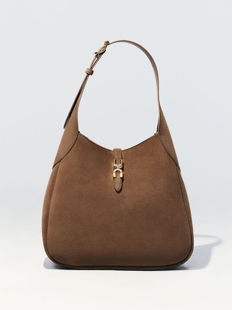 Adalyn Recycled Suede Metallic-Buckle Belted Hobo Bag, Mocha Brown, hi-res