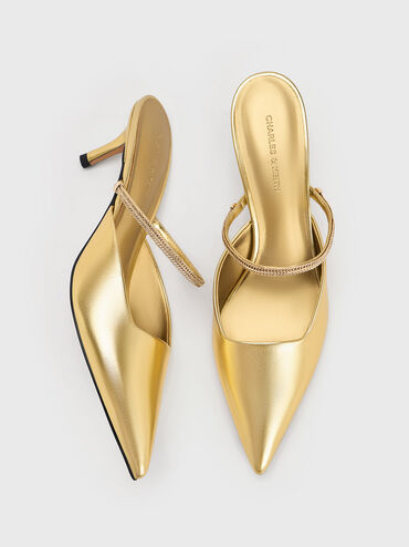 Metallic Braided Strappy Heeled Mules, Gold, hi-res
