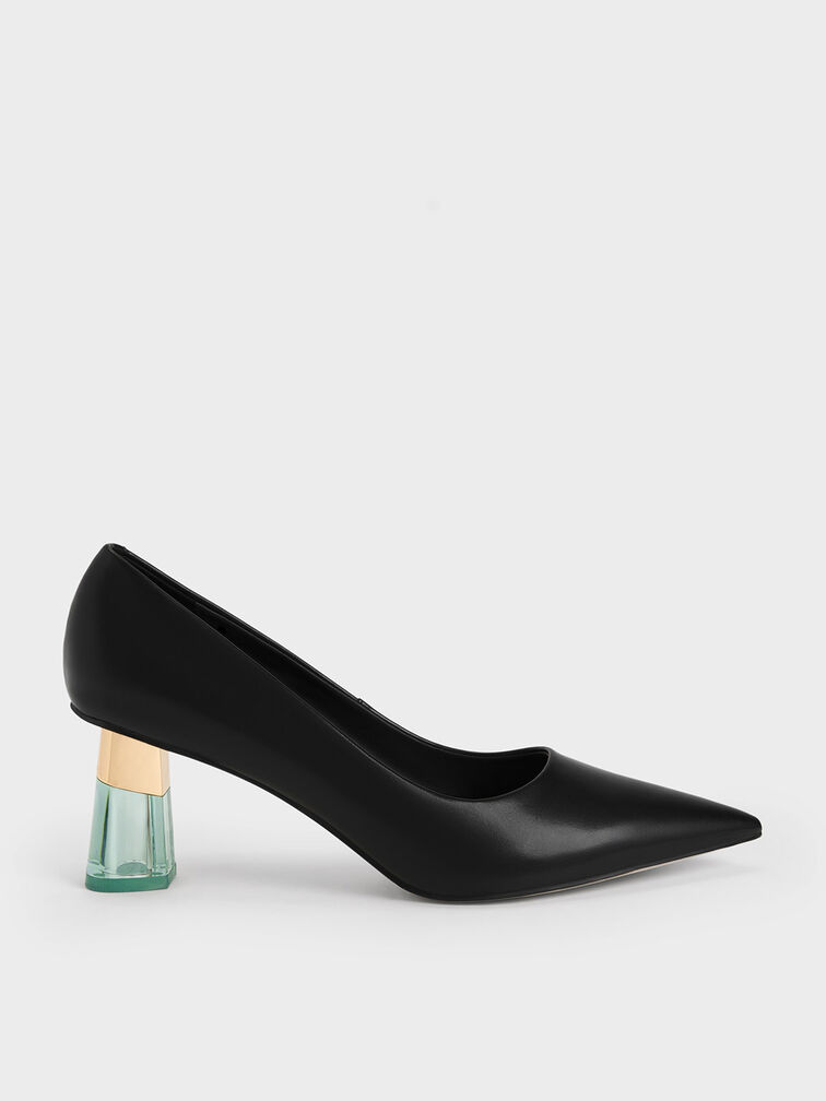 Metallic Accent Clear Heel Pumps, Black, hi-res