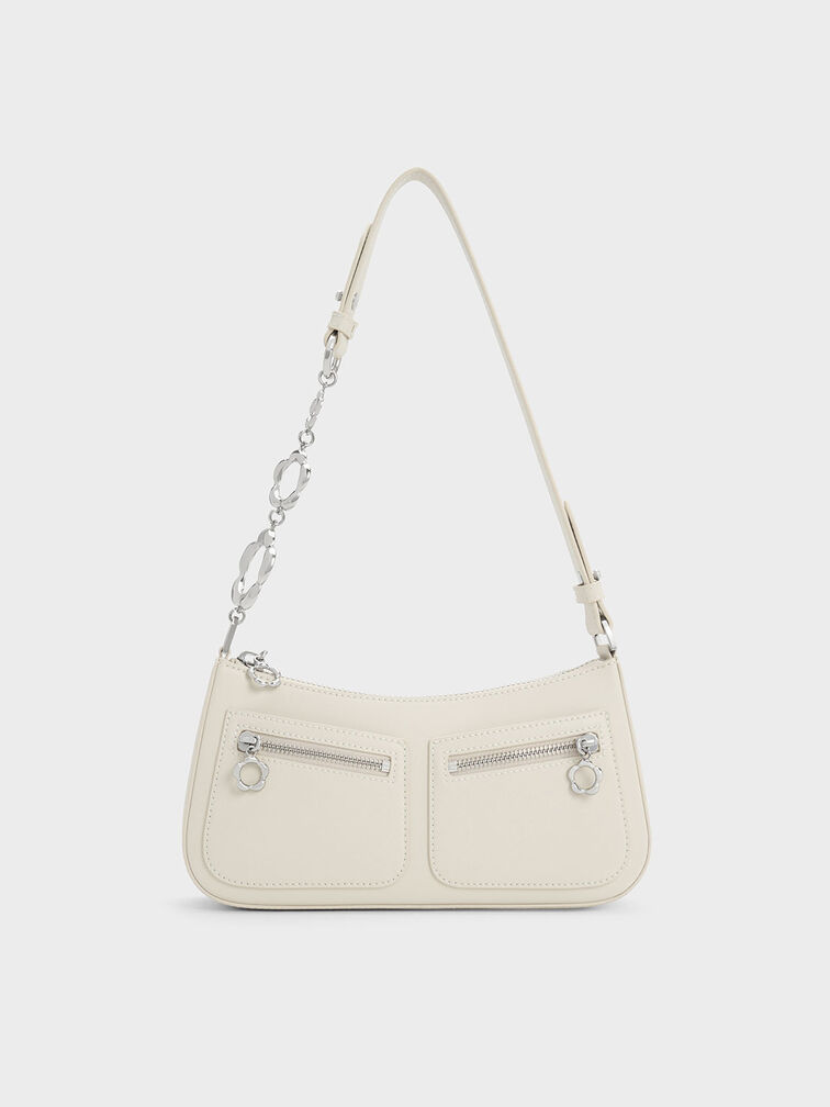 Flower-Embellished Shoulder Bag, Chalk, hi-res